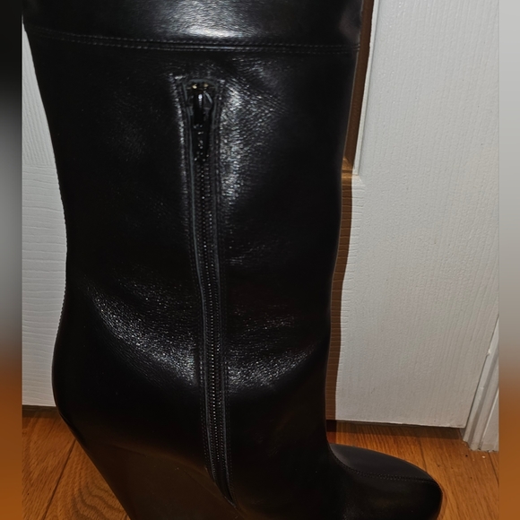 New Monica Chiang Thigh High Black Leather Gold Studs Covered Wedge Boots 40 - Picture 2 of 16